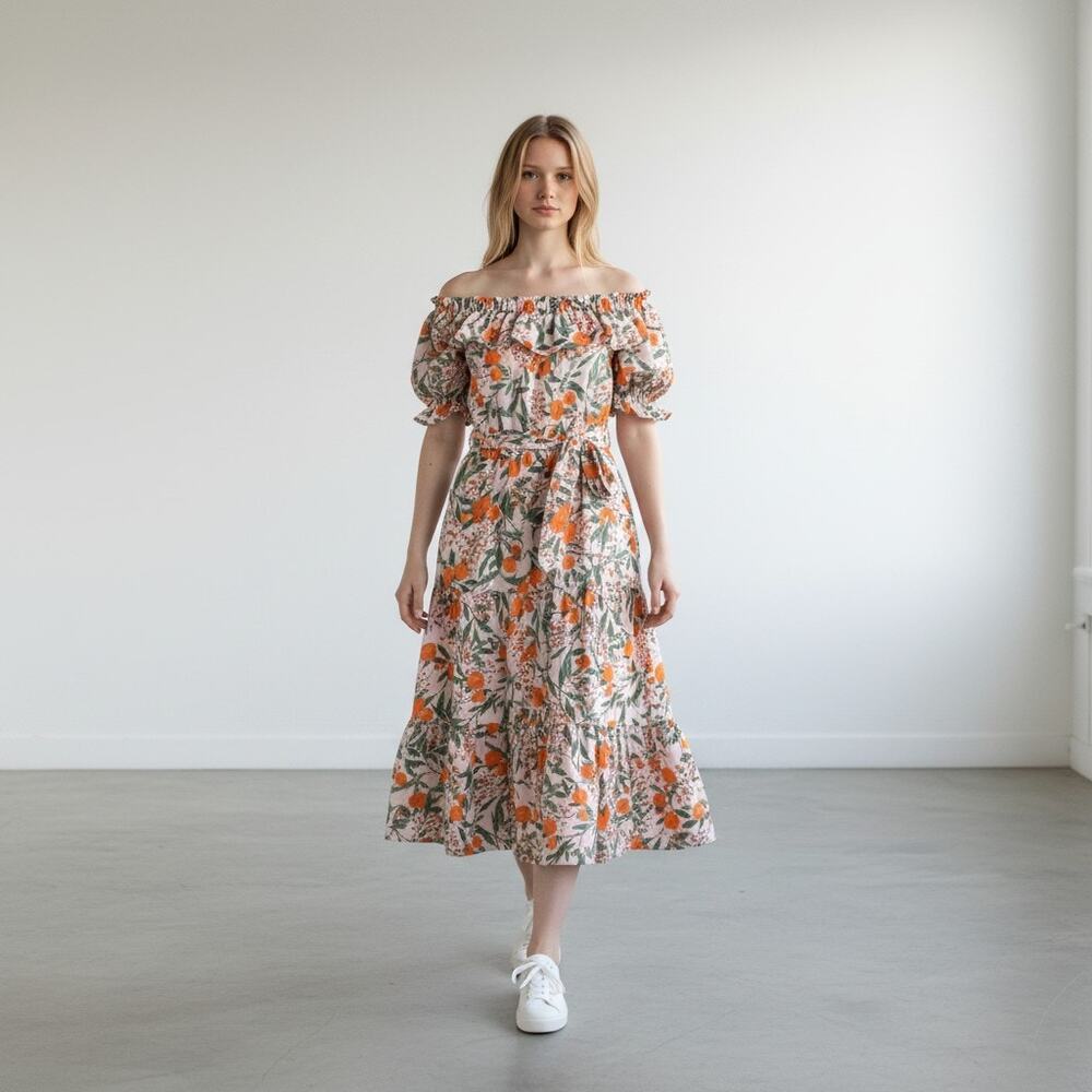 Rachel Parcell Women Orange Blossom Off Shoulder Ruffle Tiered Midi Dress Size 4